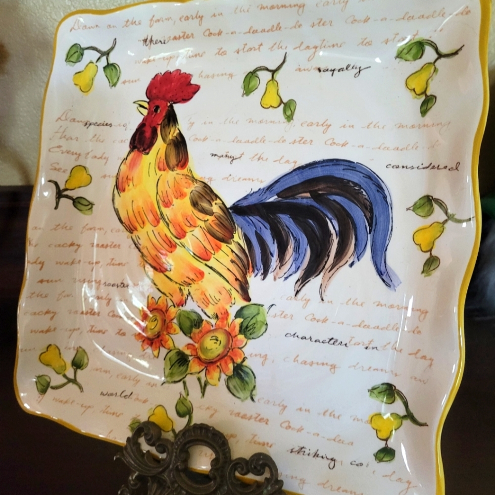 Decorative plate with 'rooster'; stand